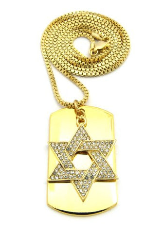 Polished Dog Tag w/ Paved Star of David Piece & 30" Box Chain - Gold Tone RC301