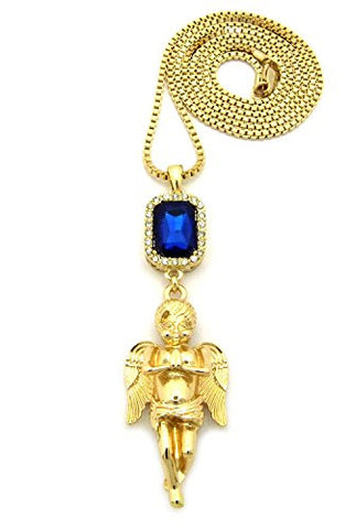 Blue Stone & Solid Praying Angel Pendant Box Chain Necklace