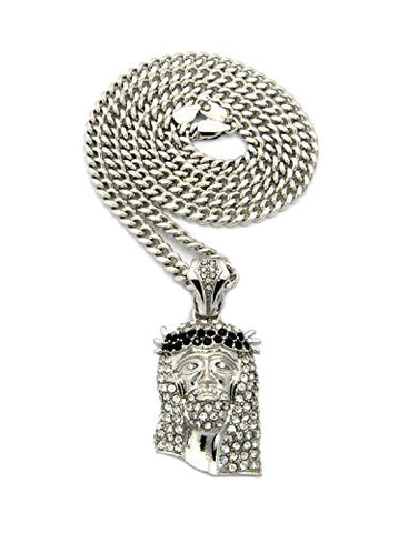 Black Stone Stud Jesus Face Pendant 2.5mm 24" Cuban Link Chain Necklace in Silver-Tone
