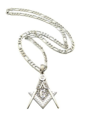 Silver Tone Square and Compass Pendant w/ 5mm 24" Figaro Chain MSP382R