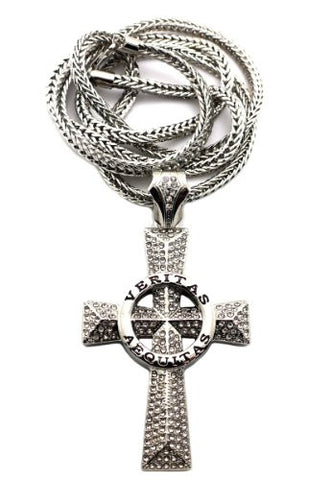 Iced Out Silver Tone VERITAS AEQUITAS Cross Pendant w/ 4mm 36" Franco Chain