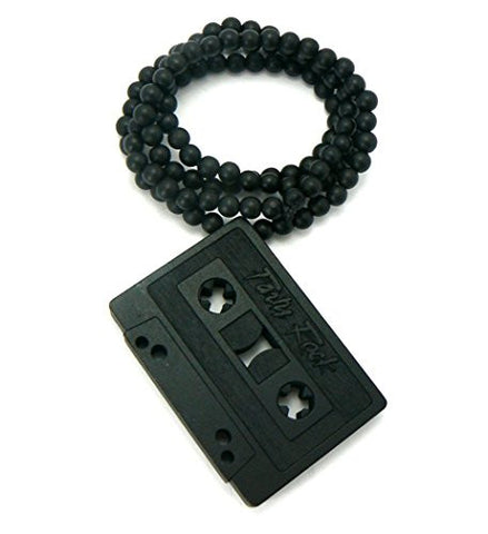 Party Rock Engraved Cassette Tape Wood Pendant 36" Wooden Bead Chain Necklace - Black WX28BK