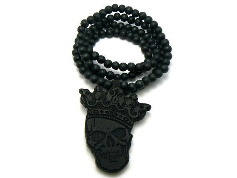Skull Face with Crown Wood Pendant 36" Wooden Bead Chain Necklace in Black-Tone WJ121BK