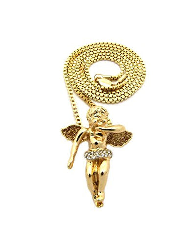 Glimmer Wing Floating Angel Pendant w/ 2mm 24" Box Chain Necklace in Gold-Tone