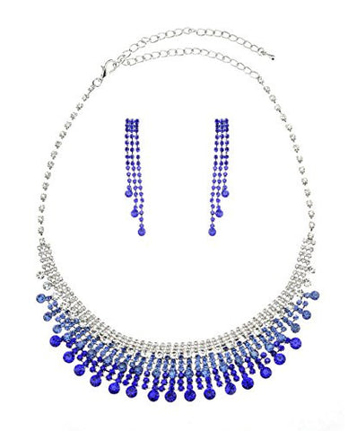 Blue Stone Bead Accent Rhinestone Pave Necklace and Earrings Jewelry Set