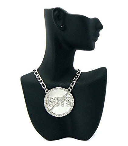 NO BOYS Pave Miror Medal 5mm 18" Figaro Chain Necklace in Silver-Tone