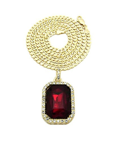 Pave Faux Ruby Stone Pendant 4mm 24" Concave Diamond Cut Cuban Chain Necklace in Gold-Tone