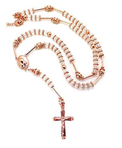 Praying Hands Crucifix Cross 39" Clear Glass Beads Rosary Necklace - Rose Gold/Clear-Tone HR200PGCL