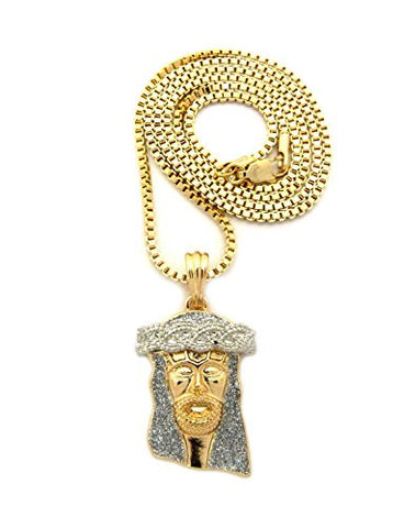 Crown Jesus Silver-Color Glitter Micro Pendant 2mm 24" Box Chain Necklace in Gold-Tone