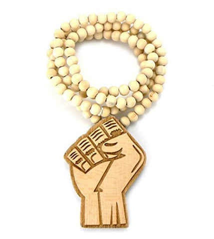 Raised Hand Fist Wood Pendant 36" Wooden Bead Chain Necklace in Natural-Tone WJ140NL