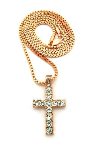 Mini Pave Cross Pendant 24" Box Chain Necklace in Rose Gold-Tone MMP14RGBX