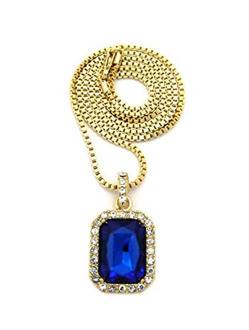 Rectangular Faux Sapphire Stone Pendant w/ 2mm 24" Box Chain Necklace in Gold-Tone