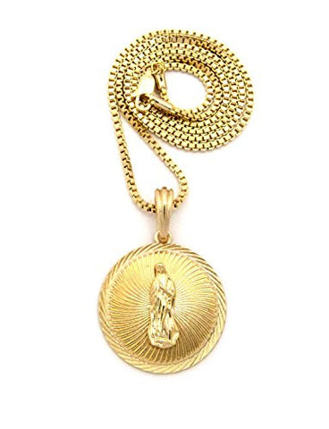 Embellished Saint Mary Medal Pendant w/ 2mm 24" Box Chain Necklace in Gold-Tone