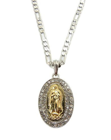 Oval Saint Mary Pendant w/ 5mm 24" Figaro Chain in Silver/Gold Tone MSP154TT