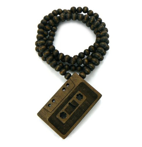 Vintage Cassette Tape Wood Pendant 36" Wooden Bead Chain Necklace in Brown-Tone WJ115BRN