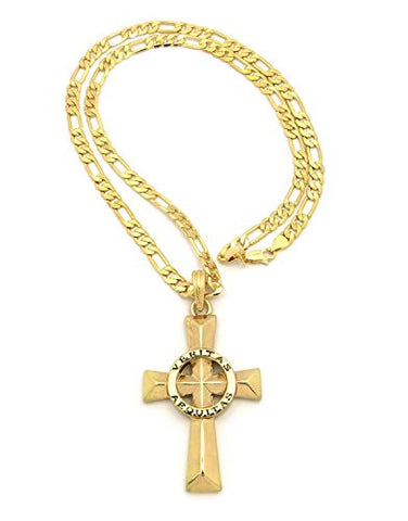 Veritas Aequitas Polished Cross Pendant w/ 24" Figaro Chain - Gold-Tone RC416G