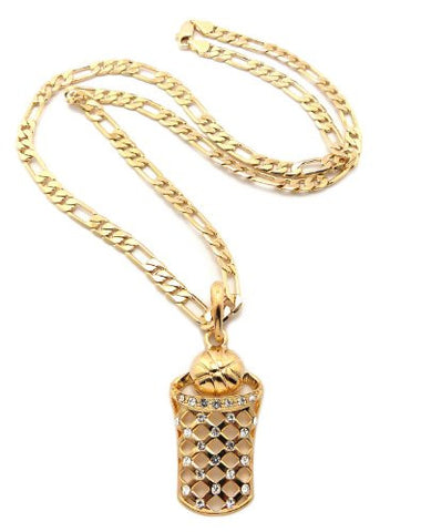Gold Tone Iced Out Basketball Pendant Necklace XOP57G