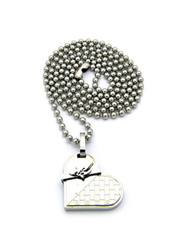 Love Checkerboard Heart Pendant Necklace with 2mm 24" Stainless Steel Ball Chain - Silver-Tone