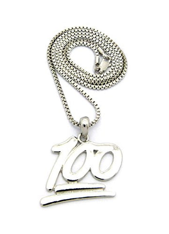 Solid Perfect Score 100 Emoji Pendant 2mm 24" Box Chain Necklace in Silver-Tone