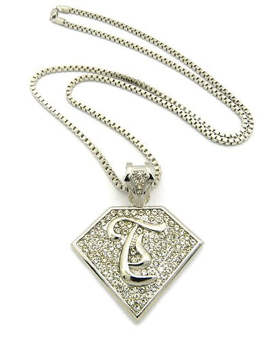 Initial T Iced Out Rapper Pendant w/ 3mm 30" Box Chain - Silver Tone XP938RBX