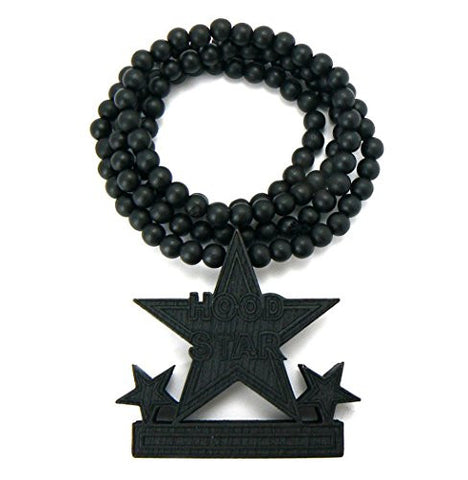 Hood Star 3 Star Wood Pendant 36" Wooden Bead Chain Necklace in Black-Tone WX19BK