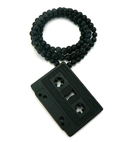 Vintage Cassette Tape Wood Pendant 36" Wooden Bead Chain Necklace in Black-Tone WX25BK