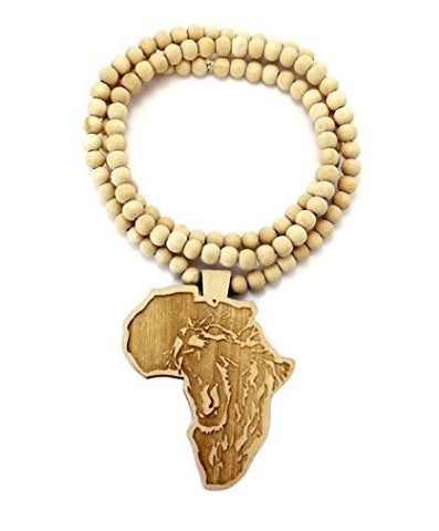 Lion Engraved Africa Wood Pendant 36" Wooden Bead Chain Necklace in Natural-Tone WJ192NL