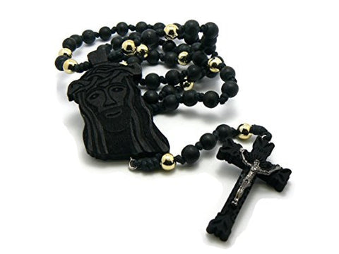 Jesus Face and Crucifix Cross Pendant Wood Two-Tone Bead Rosary Necklace in Black/Silver-Tone