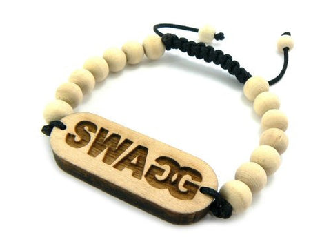 Wooden SWAGG Pendant Wood Bead Chain Bracelet in Natural-Tone WB11NL