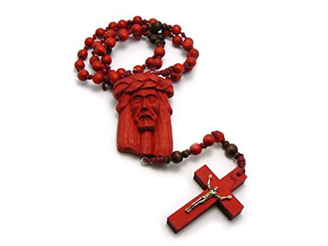 Jesus Face and Crucifix Cross Pendant Wood Rosary Necklace