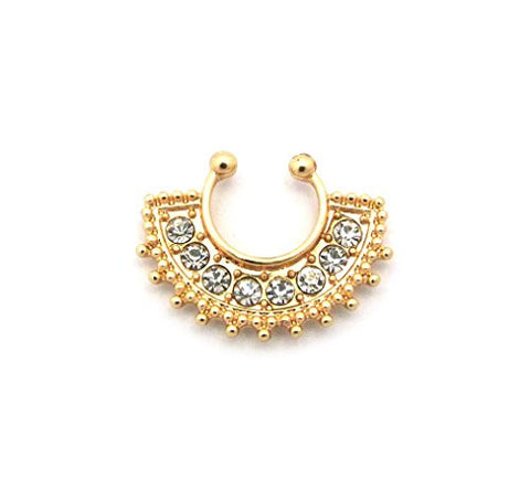 Stone Stud Fan Pattern Non-Pierced Nose Hoop Ring in Gold-Tone