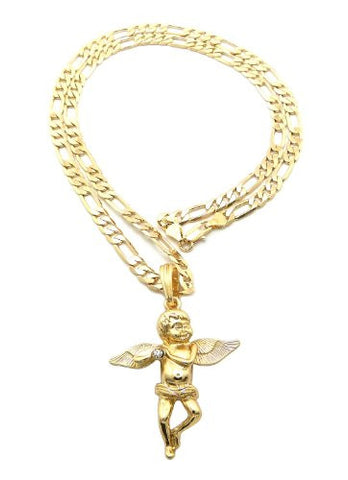 Flying Cherub Angel Gold Tone Pendant 5mm 24" Figaro Chain Necklace SP3G