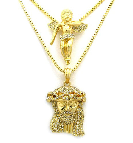Jesus & Angel Rhinestone Micro Pendant Set w/ Box Chains - Gold Tone RC348G