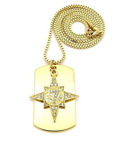 Plain Dog Tag Pendant with Iced Out 5 Percenter Piece 30" Box Chain Necklace - Gold-Tone RC441G