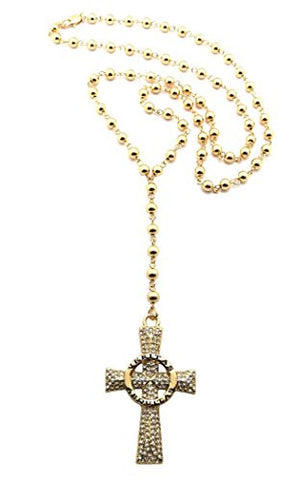 Truth & Justice Iced Out Veritas Aequitas Cross Pendant 6mm CCB Bead Rosary Necklace in Gold-Tone