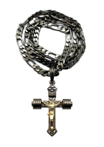 Hematite Tone Crucifixion Cross 5mm 24" Figaro Chain Necklace MSP331HE