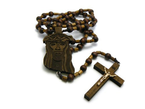 Jesus Face and Crucifix Cross Pendant Wood Rosary Necklace in Brown-Tone