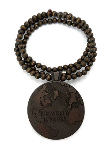 The World is Yours Wood Globe Pendant 36" Wooden Bead Chain Necklace in Brown-Tone WX75BRN