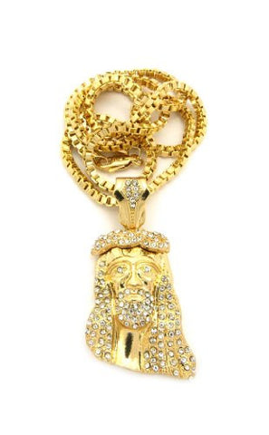 Pave Jesus Mini Pendant w/ 3mm 24" Box Chain in Gold Tone XZ15GBX