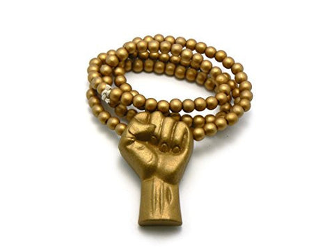 3D Raised Fist Wood Pendant 36" Wooden Bead Chain Necklace