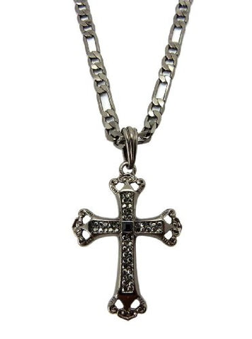Hematite Tone Classic Style Cross Pendant w/ 5mm 24" Figaro Chain MSP157HE