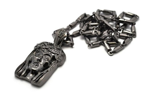 Small Crown of Thorns Jesus Pave Pendant with 24" Bullet Chain Necklace - Hematite-Tone MZ2HE