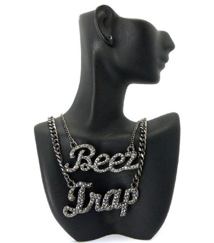 Beez Trap Pave Pendant in Hematite Tone 2 Piece Girls Hip Hop Necklace Set