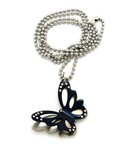 Navy Butterfly Layered Pendant Necklace with 2mm 24" Stainless Steel Ball Chain in Silver-Tone