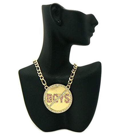 NO BOYS Pave Miror Medal 5mm 18" Figaro Chain Necklace in Pink/Gold-Tone