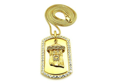 Paved Jesus Piece 3 Layer Dog Tag Pendant with 36" Box Chain Necklace - Gold-Tone RC555G