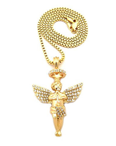 Rhinestone Halo Angel Pendant 2mm 24" Box Chain Necklace in Gold-Tone