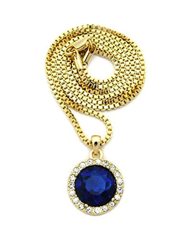 Pave Round Faux Sapphire Stone Pendant w/ 2mm 24" Box Chain Necklace in Gold-Tone