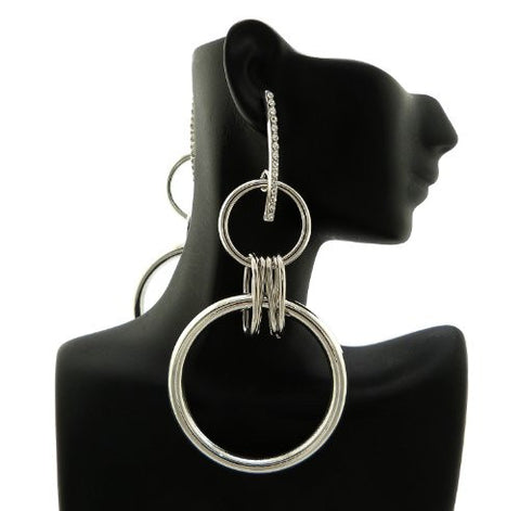 Long Double Hoop Link Earrings in Silver-Tone