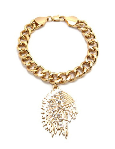 Native American Chief Pendant 10mm 7" Link Chain Bracelet in Gold-Tone